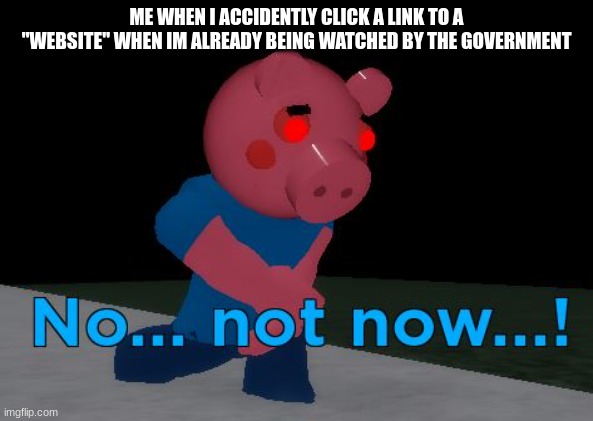 No... Not Now! | ME WHEN I ACCIDENTLY CLICK A LINK TO A "WEBSITE" WHEN IM ALREADY BEING WATCHED BY THE GOVERNMENT | image tagged in not now george pig | made w/ Imgflip meme maker