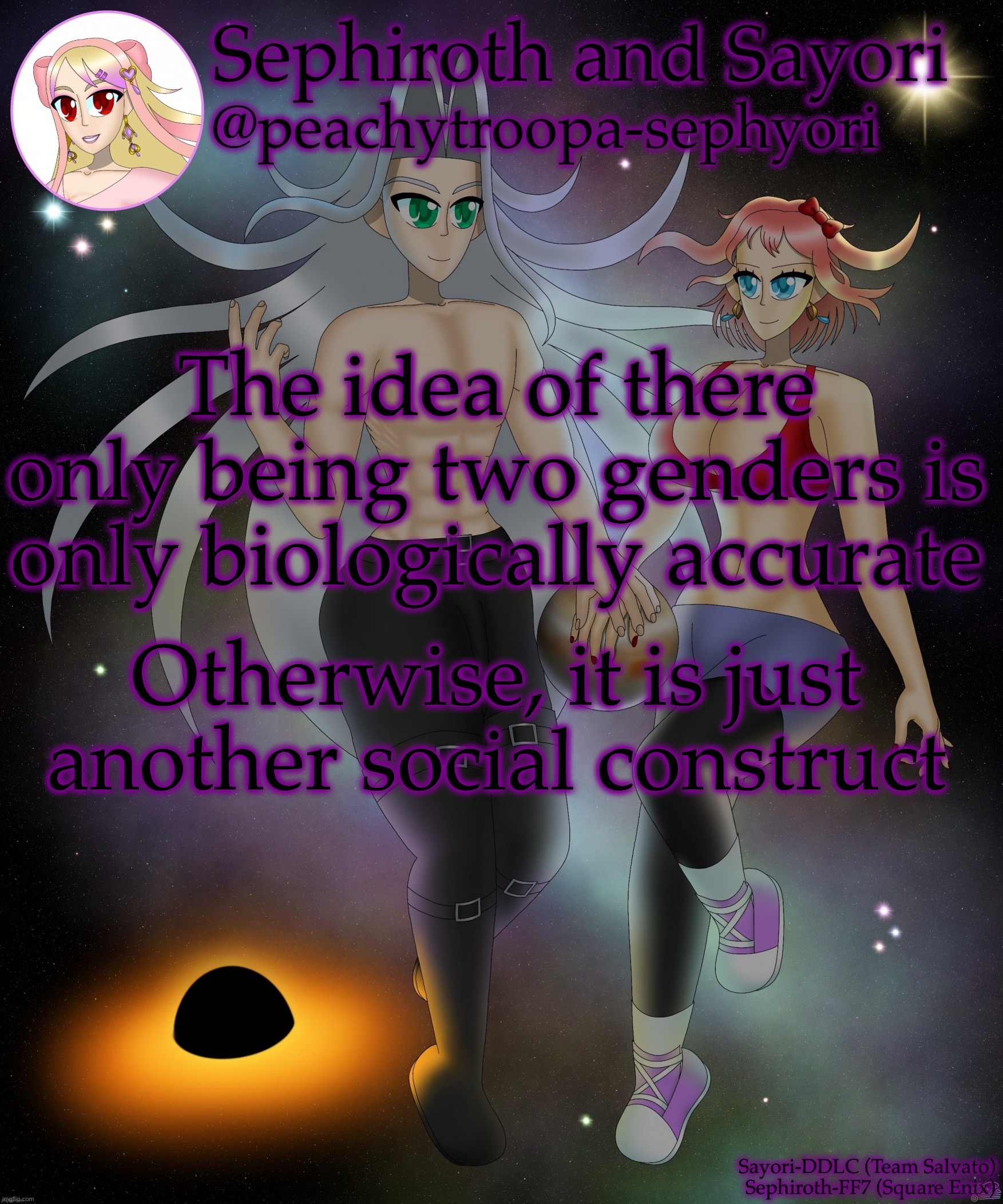 Socially it would be considered sexism | The idea of there only being two genders is only biologically accurate; Otherwise, it is just another social construct | image tagged in sayori and sephiroth | made w/ Imgflip meme maker