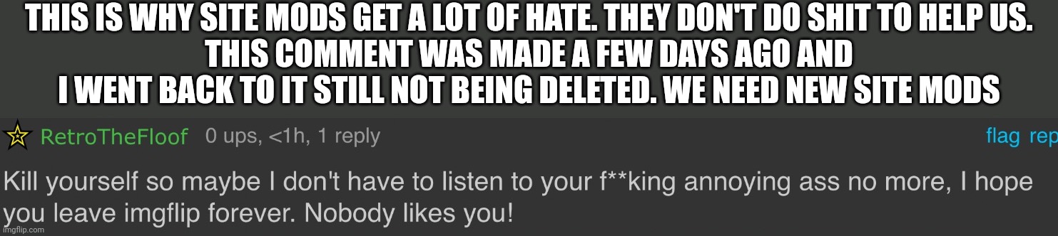 And a timer for the user that said this. | THIS IS WHY SITE MODS GET A LOT OF HATE. THEY DON'T DO SHIT TO HELP US.
THIS COMMENT WAS MADE A FEW DAYS AGO AND I WENT BACK TO IT STILL NOT BEING DELETED. WE NEED NEW SITE MODS | made w/ Imgflip meme maker