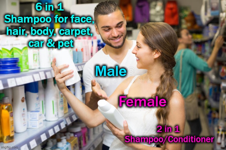 And They Say Women Are The Multitaskers? | 6 in 1 
Shampoo for face, 
hair, body, carpet, 
car & pet; Male; Female; 2 in 1 
Shampoo/Conditioner | image tagged in fun,lol,male female,multitasking,jk,funny | made w/ Imgflip meme maker
