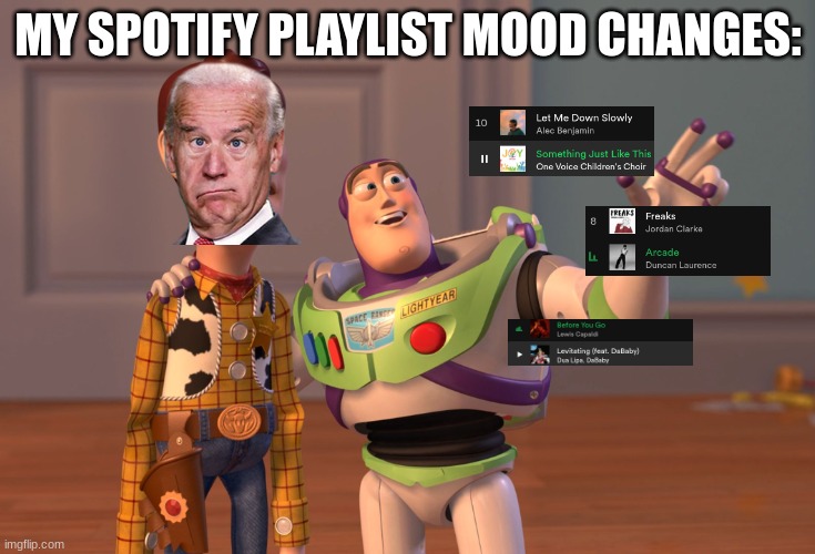 X, X Everywhere | MY SPOTIFY PLAYLIST MOOD CHANGES: | image tagged in memes,x x everywhere | made w/ Imgflip meme maker