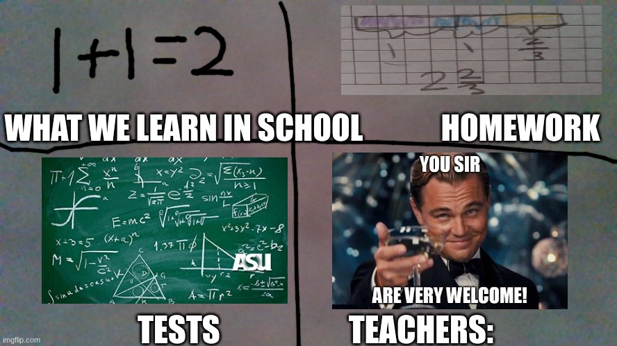 teachers | WHAT WE LEARN IN SCHOOL             HOMEWORK; TESTS                     TEACHERS: | image tagged in lol,teachers | made w/ Imgflip meme maker