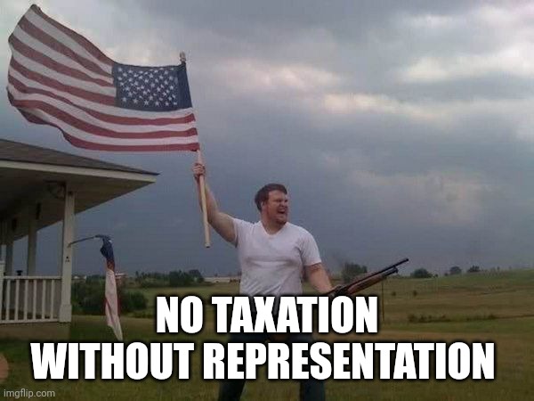 American flag shotgun guy | NO TAXATION WITHOUT REPRESENTATION | image tagged in american flag shotgun guy | made w/ Imgflip meme maker