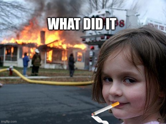 Disaster Girl | WHAT DID IT | image tagged in memes,disaster girl | made w/ Imgflip meme maker