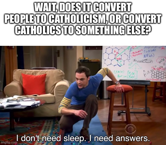 Cat-O-Lic converter | WAIT, DOES IT CONVERT PEOPLE TO CATHOLICISM, OR CONVERT CATHOLICS TO SOMETHING ELSE? | image tagged in i don't need sleep i need answers,catalytic,converter,catholic | made w/ Imgflip meme maker