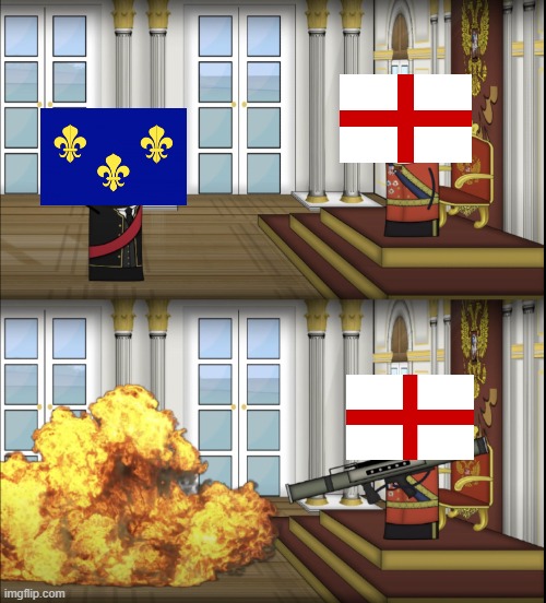 Britain declaring war over France in HOI4 | image tagged in oversimplified tsar fires rocket,hoi4,oh god why,stupid memes,dead memes,roblox meme | made w/ Imgflip meme maker