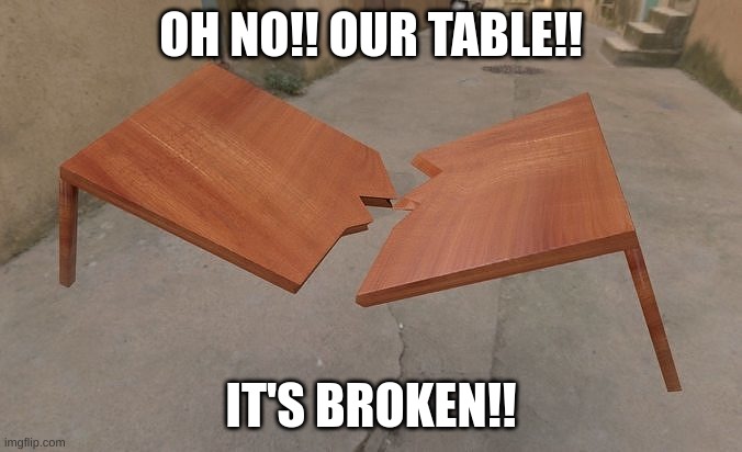 OH NO!! OUR TABLE!! IT'S BROKEN!! | made w/ Imgflip meme maker