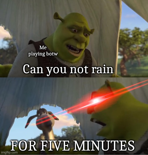 Shrek For Five Minutes | Me playing botw; Can you not rain; FOR FIVE MINUTES | image tagged in shrek for five minutes | made w/ Imgflip meme maker