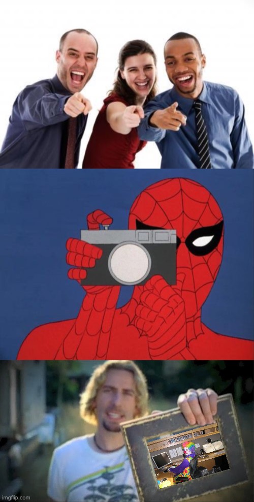 image tagged in pointing and laughing,memes,spiderman camera,look at this photograph | made w/ Imgflip meme maker