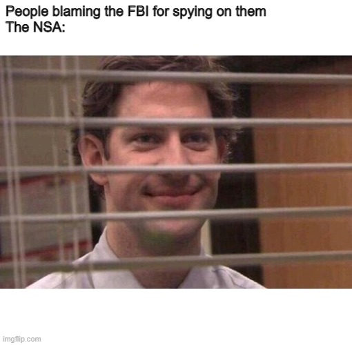 The Truth | People blaming the FBI for spying on them 

The NSA: | image tagged in jim office blinds,why is the fbi here,fbi,truth | made w/ Imgflip meme maker