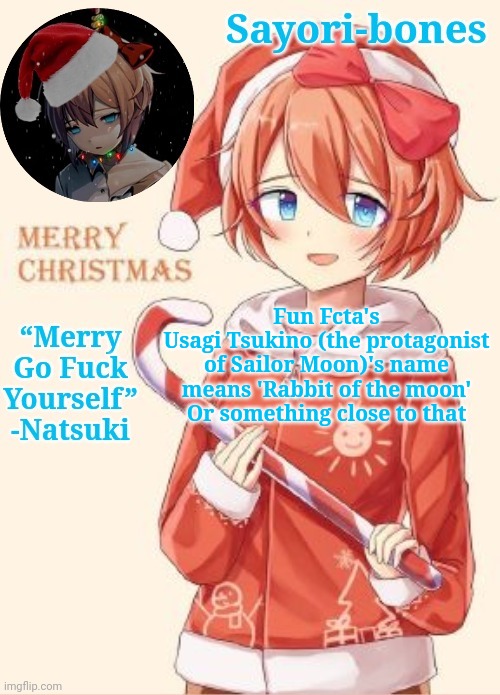 Sayori's Christmas temp | Fun Fcta's
Usagi Tsukino (the protagonist of Sailor Moon)'s name means 'Rabbit of the moon'
Or something close to that | image tagged in sayori's christmas temp | made w/ Imgflip meme maker