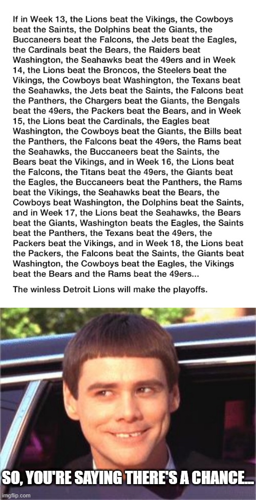 The Lions CAN Make the Playoffs??? |  SO, YOU'RE SAYING THERE'S A CHANCE... | image tagged in jim carey,detroit lions | made w/ Imgflip meme maker