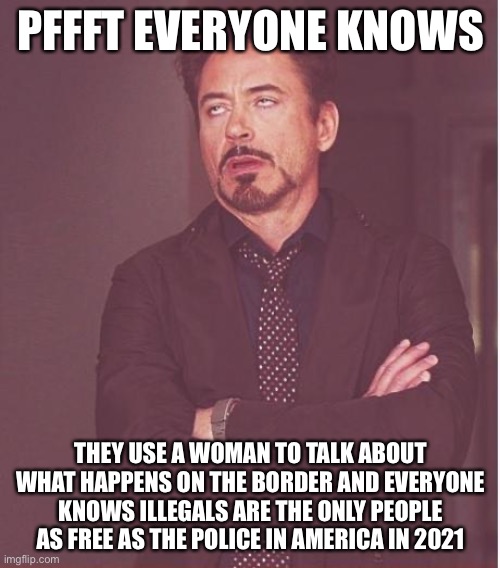 Face You Make Robert Downey Jr Meme | PFFFT EVERYONE KNOWS THEY USE A WOMAN TO TALK ABOUT WHAT HAPPENS ON THE BORDER AND EVERYONE KNOWS ILLEGALS ARE THE ONLY PEOPLE AS FREE AS TH | image tagged in memes,face you make robert downey jr | made w/ Imgflip meme maker