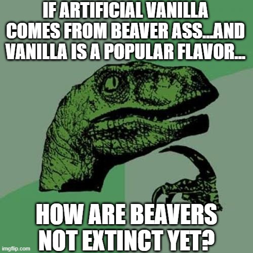 Favorite Flavoring | IF ARTIFICIAL VANILLA COMES FROM BEAVER ASS...AND VANILLA IS A POPULAR FLAVOR... HOW ARE BEAVERS NOT EXTINCT YET? | image tagged in memes,philosoraptor | made w/ Imgflip meme maker