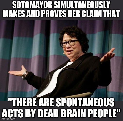 A fetus is basically just like a brain dead person? This coming from a yale graduate supreme court justice | SOTOMAYOR SIMULTANEOUSLY MAKES AND PROVES HER CLAIM THAT; "THERE ARE SPONTANEOUS ACTS BY DEAD BRAIN PEOPLE" | image tagged in justice sotomayor | made w/ Imgflip meme maker