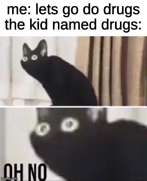 dont do drugs | me: lets go do drugs
the kid named drugs: | image tagged in oh no cat | made w/ Imgflip meme maker