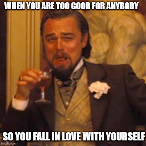 Laughing Leo | WHEN YOU ARE TOO GOOD FOR ANYBODY; SO YOU FALL IN LOVE WITH YOURSELF | image tagged in memes,laughing leo | made w/ Imgflip meme maker