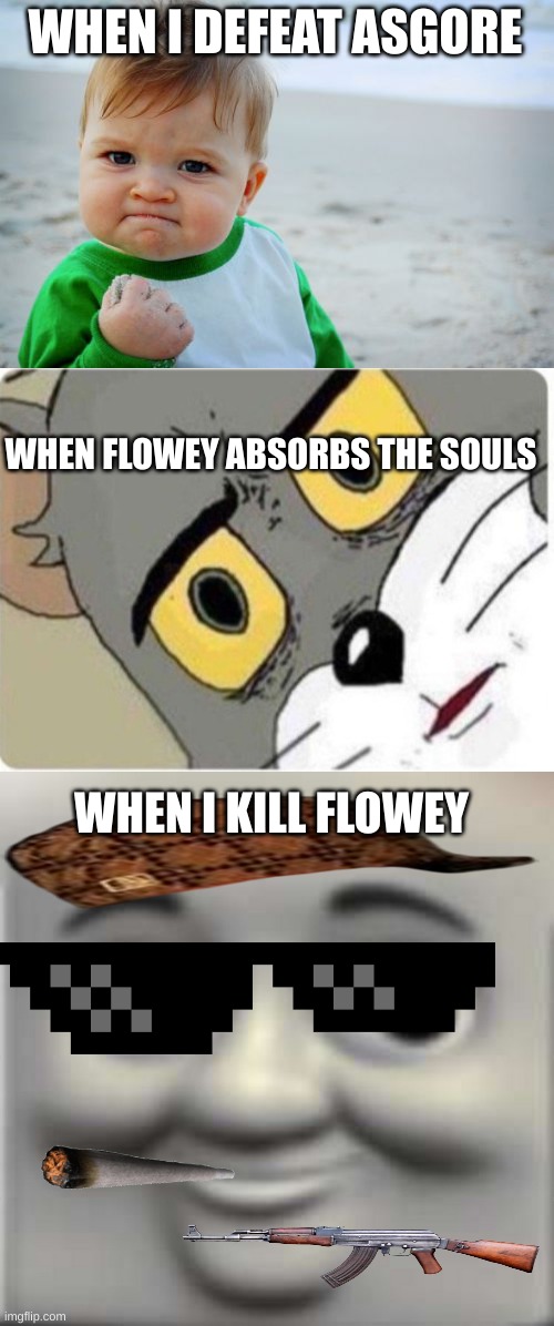 hehe boi | WHEN I DEFEAT ASGORE; WHEN FLOWEY ABSORBS THE SOULS; WHEN I KILL FLOWEY | image tagged in memes,success kid original,tom and jerry meme,thomas the dank engine | made w/ Imgflip meme maker