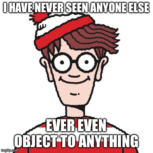 Where's Waldo | I HAVE NEVER SEEN ANYONE ELSE; EVER EVEN OBJECT TO ANYTHING | image tagged in where's waldo | made w/ Imgflip meme maker