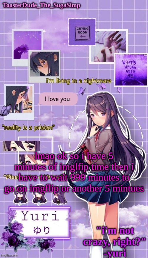 yuri temp 3 thanks LAK | lmao ok so i have 5 minutes of imglfip time then i have to wait 999 minutes to go on imgflip or another 5 mintues | image tagged in yuri temp 3 thanks lak | made w/ Imgflip meme maker