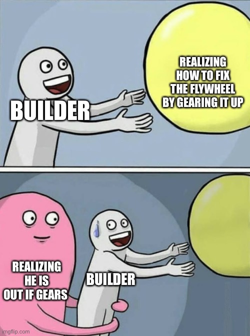 big yellow ball and... | REALIZING HOW TO FIX THE FLYWHEEL BY GEARING IT UP; BUILDER; BUILDER; REALIZING HE IS OUT IF GEARS | image tagged in big yellow ball and | made w/ Imgflip meme maker