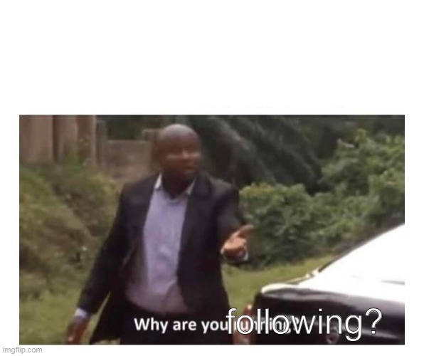Why are you running? | following? | image tagged in why are you running | made w/ Imgflip meme maker