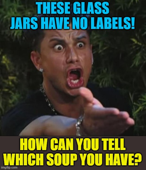 DJ Pauly D Meme | THESE GLASS JARS HAVE NO LABELS! HOW CAN YOU TELL WHICH SOUP YOU HAVE? | image tagged in memes,dj pauly d | made w/ Imgflip meme maker