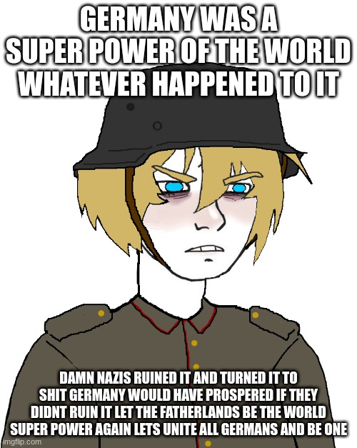 i posted this unironically and i am also cringing | GERMANY WAS A SUPER POWER OF THE WORLD WHATEVER HAPPENED TO IT; DAMN NAZIS RUINED IT AND TURNED IT TO SHIT GERMANY WOULD HAVE PROSPERED IF THEY DIDNT RUIN IT LET THE FATHERLANDS BE THE WORLD SUPER POWER AGAIN LETS UNITE ALL GERMANS AND BE ONE | made w/ Imgflip meme maker