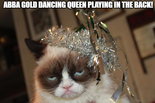 the party life | ABBA GOLD DANCING QUEEN PLAYING IN THE BACK! | image tagged in grumpy cat new years,cats | made w/ Imgflip meme maker