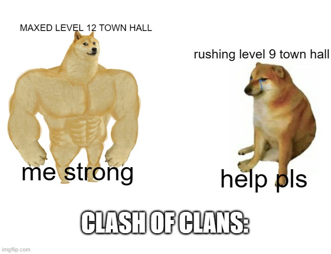 Buff Doge vs. Cheems | MAXED LEVEL 12 TOWN HALL; rushing level 9 town hall; me strong; help pls; CLASH OF CLANS: | image tagged in memes,buff doge vs cheems | made w/ Imgflip meme maker