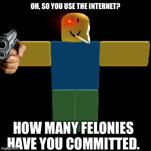 So, how many? | OH, SO YOU USE THE INTERNET? HOW MANY FELONIES HAVE YOU COMMITTED. | image tagged in roblox noob t-posing,haha money printer go brrr,sean bean lord of the rings,orangutan chasing girl on a tricycle | made w/ Imgflip meme maker