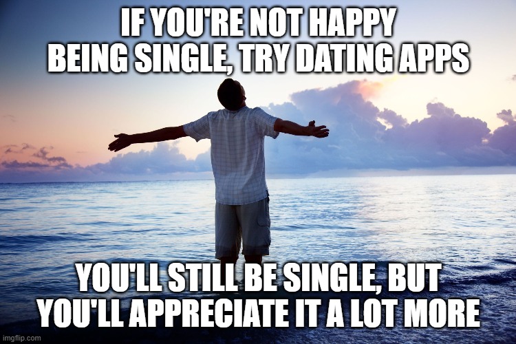 single life | IF YOU'RE NOT HAPPY BEING SINGLE, TRY DATING APPS; YOU'LL STILL BE SINGLE, BUT YOU'LL APPRECIATE IT A LOT MORE | image tagged in single,dating apps | made w/ Imgflip meme maker