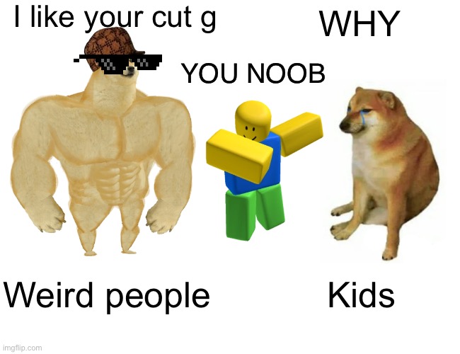 Buff Doge vs. Cheems | I like your cut g; WHY; YOU NOOB; Weird people; Kids | image tagged in memes,buff doge vs cheems | made w/ Imgflip meme maker