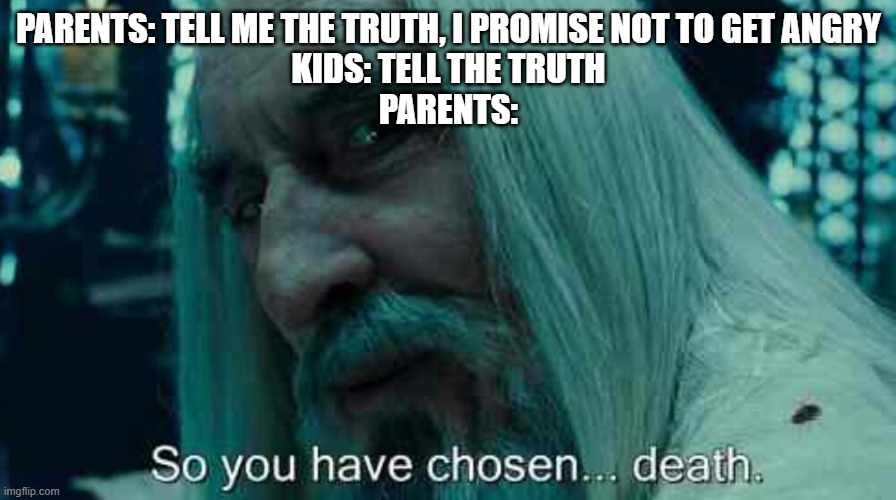 Anything you say can and will be used against you. | PARENTS: TELL ME THE TRUTH, I PROMISE NOT TO GET ANGRY
KIDS: TELL THE TRUTH
PARENTS: | image tagged in so you have chosen death | made w/ Imgflip meme maker