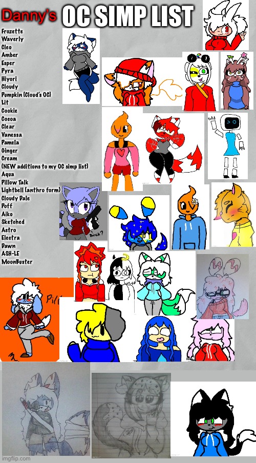 I updated my OC simp list. (All OCs go to their owners) | Danny’s; Frozette
Waverly
Cleo
Amber
Esper
Pyra
Hiyori
Cloudy
Pumpkin (Cloud’s OC)
Lit
Cookie
Cocoa
Clear
Vanessa
Pamela
Ginger
Cream
(NEW additions to my OC simp list)
Aqua
Pillow Talk
Lightbell (anthro form)
Cloudy Dale
Poff
Aiko
Sketched
Astro
Electra
Dawn
ASH-LE
MoonBuster | image tagged in oc simp list | made w/ Imgflip meme maker