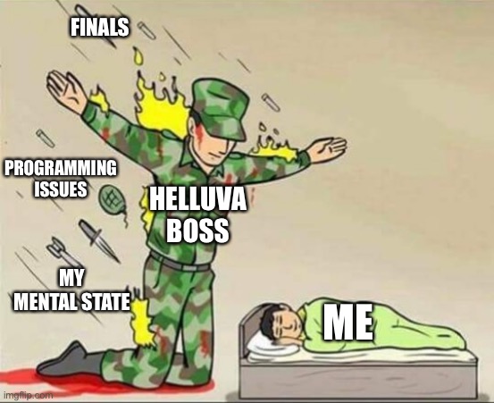 Helluva boss saving me | FINALS; PROGRAMMING ISSUES; HELLUVA BOSS; MY MENTAL STATE; ME | image tagged in soldier protecting sleeping child,helluva boss | made w/ Imgflip meme maker