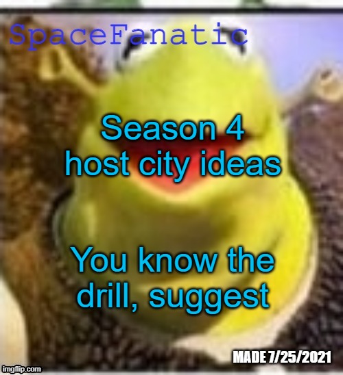 Ye Olde Announcements | Season 4 host city ideas; You know the drill, suggest | image tagged in spacefanatic announcement temp | made w/ Imgflip meme maker