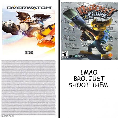 I've always loved Ratchet and Clank |  LMAO BRO, JUST SHOOT THEM | image tagged in t chart,video games,memes,funny,fun,virgin vs chad | made w/ Imgflip meme maker
