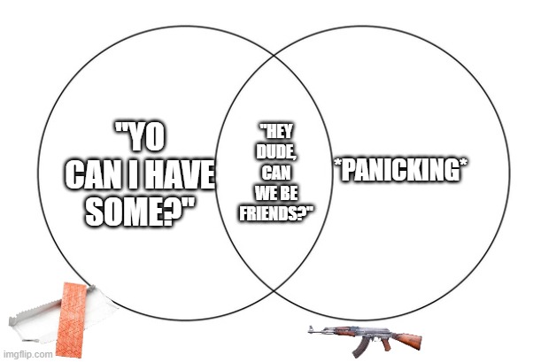 venn diagram | *PANICKING*; "YO CAN I HAVE SOME?"; "HEY DUDE, CAN WE BE FRIENDS?" | image tagged in venn diagram | made w/ Imgflip meme maker