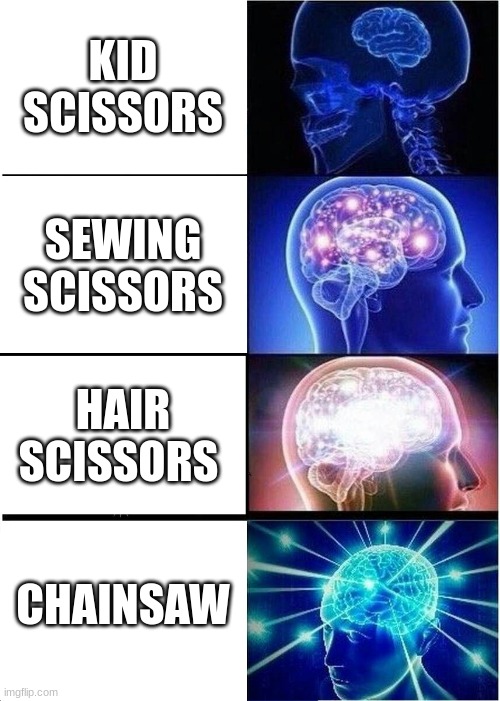 Expanding Brain | KID SCISSORS; SEWING SCISSORS; HAIR SCISSORS; CHAINSAW | image tagged in memes,expanding brain | made w/ Imgflip meme maker