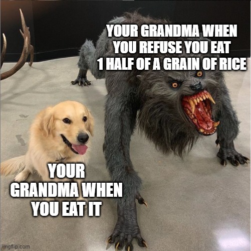 and this is how the game granny was made | YOUR GRANDMA WHEN YOU REFUSE YOU EAT 1 HALF OF A GRAIN OF RICE; YOUR GRANDMA WHEN YOU EAT IT | image tagged in dog vs werewolf | made w/ Imgflip meme maker