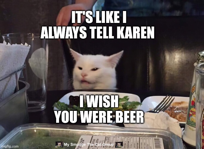 IT'S LIKE I ALWAYS TELL KAREN; I WISH YOU WERE BEER | image tagged in smudge the cat | made w/ Imgflip meme maker