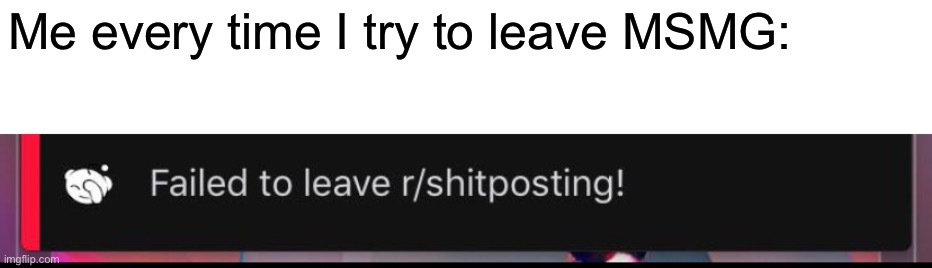 MSMG has become a shitposting sub with basically no moderation because everyone is ever never online or doesn’t see anything | Me every time I try to leave MSMG: | made w/ Imgflip meme maker