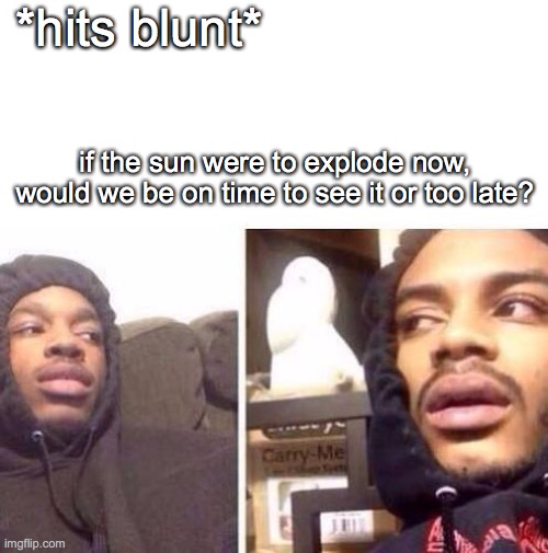 The "End of the World" Paradox |  *hits blunt*; if the sun were to explode now, would we be on time to see it or too late? | image tagged in hits blunt | made w/ Imgflip meme maker