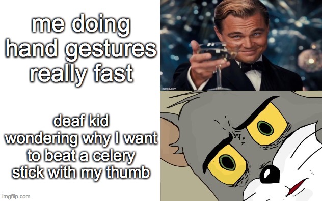 just wanted to follow a trend | me doing hand gestures really fast; deaf kid wondering why I want to beat a celery stick with my thumb | image tagged in memes,fun,deaf,sign language | made w/ Imgflip meme maker