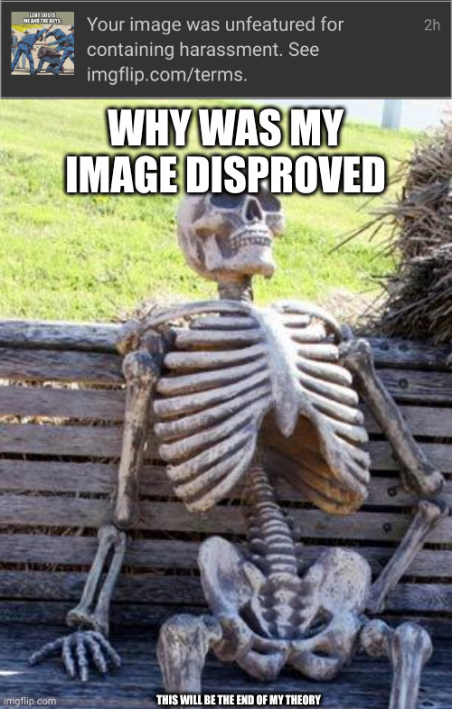 go to comments | WHY WAS MY IMAGE DISPROVED; THIS WILL BE THE END OF MY THEORY | image tagged in memes,waiting skeleton | made w/ Imgflip meme maker