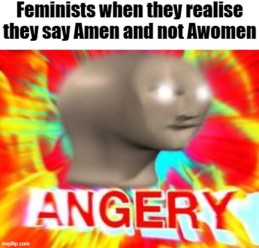 no offense to feminists tho, this just a meme | Feminists when they realise they say Amen and not Awomen | image tagged in surreal angery,memes | made w/ Imgflip meme maker