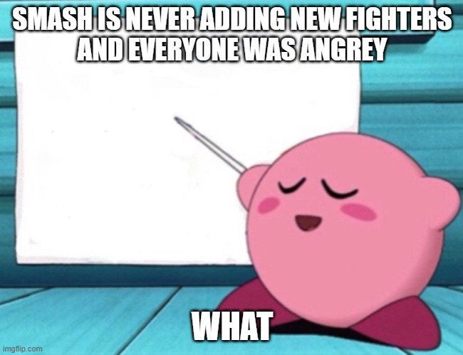 no new stages new fighters new boses | SMASH IS NEVER ADDING NEW FIGHTERS
AND EVERYONE WAS ANGREY; WHAT | image tagged in kirby's lesson | made w/ Imgflip meme maker