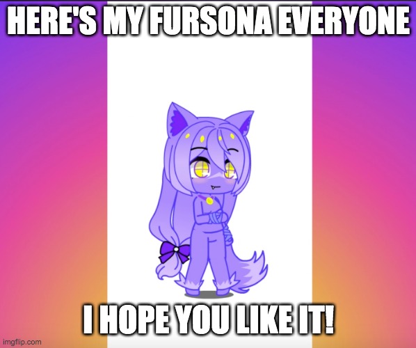 Mah furry sona | HERE'S MY FURSONA EVERYONE; I HOPE YOU LIKE IT! | image tagged in fursona,purple,wolf,yellow,oh wow are you actually reading these tags | made w/ Imgflip meme maker