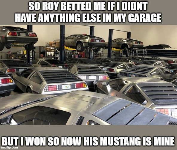 it may be my car now, but imma mod it and give it to him | SO ROY BETTED ME IF I DIDNT HAVE ANYTHING ELSE IN MY GARAGE; BUT I WON SO NOW HIS MUSTANG IS MINE | image tagged in lots of deloreans | made w/ Imgflip meme maker